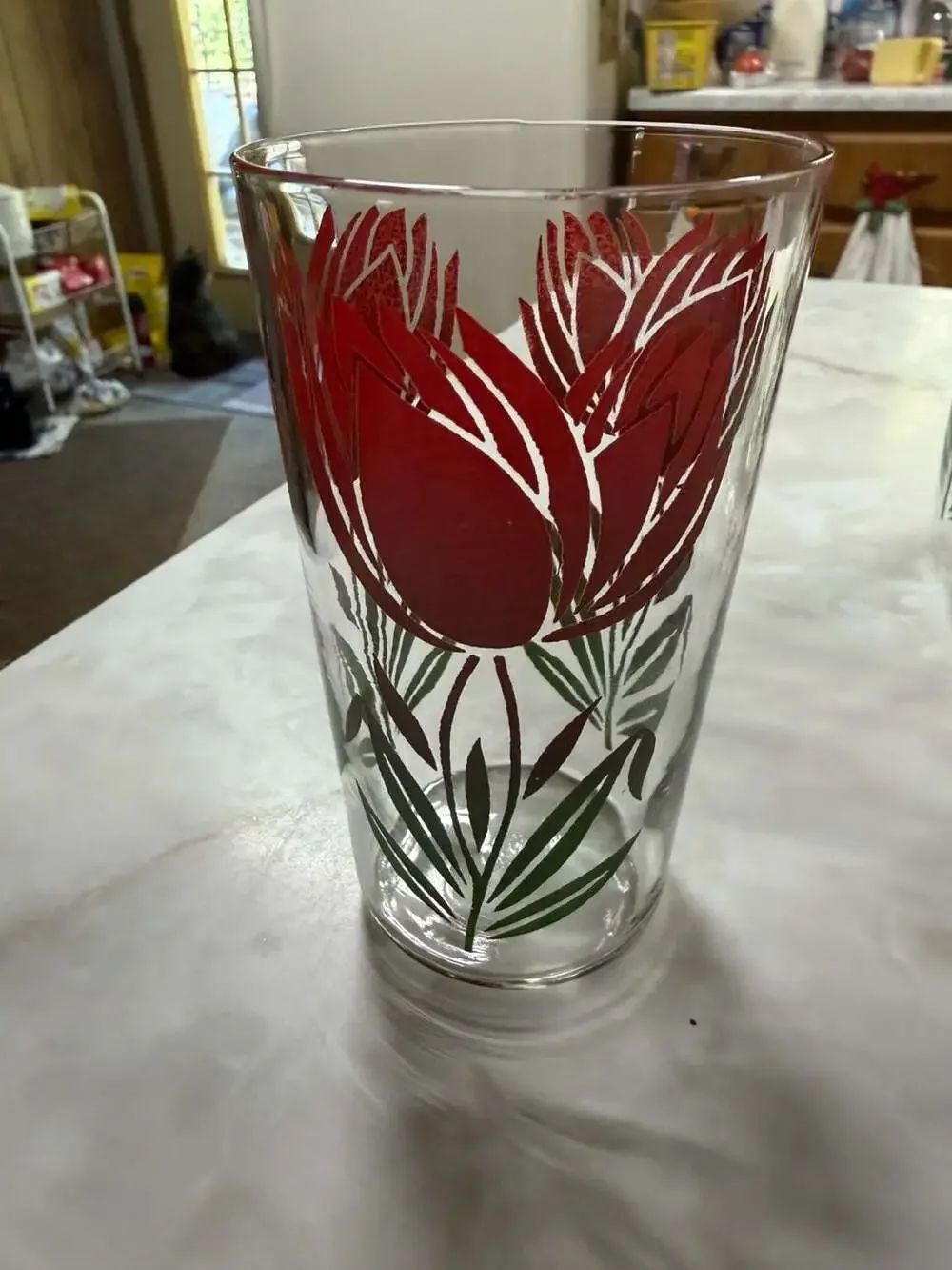 Vintage Anchor Hocking Tulip No. 3 Red Glass Pitcher and 3 Tumblers Set Mid-Cent